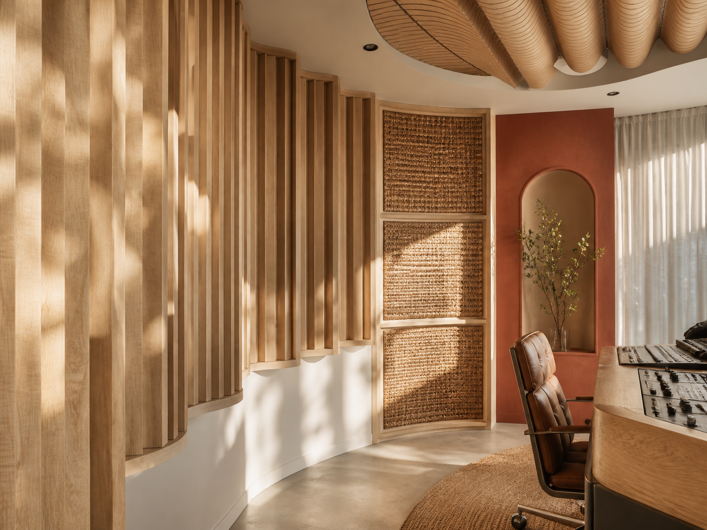 Diffuseurs en bois et panneaux acoustiques du studio