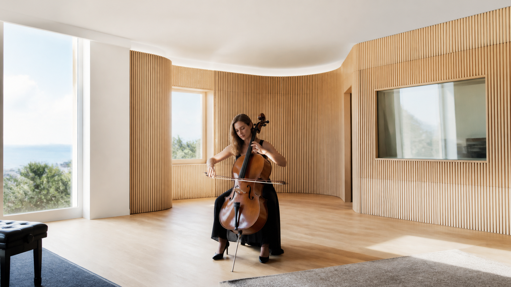 Violoncelliste dans la grande salle lumineuse de Resonance Room